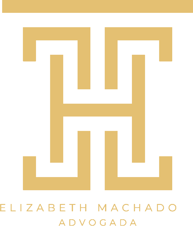 Logotipo de Elizabeth Machado Advogada em dourado: monograma em coluna clássica sobre o nome