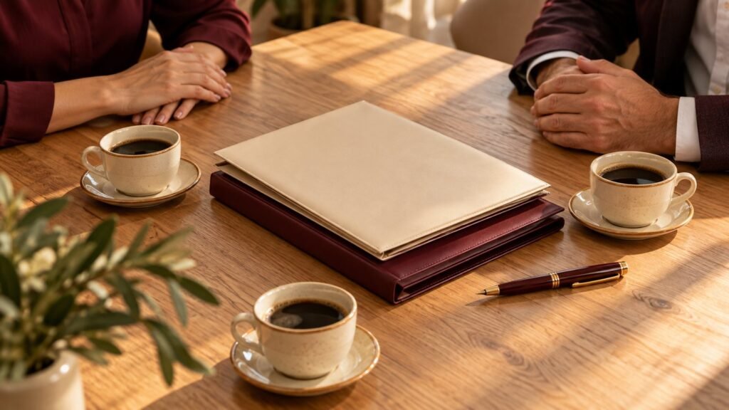 Mesa de reunião com xícaras de café e pastas fechadas, ilustrando a conversa entre herdeiros no inventário em cartório