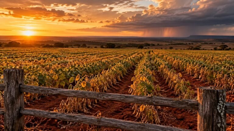 Lavoura de soja afetada pela estiagem em solo vermelho do Sudoeste Goiano ao entardecer, ilustrando a prorrogação de dívida rural