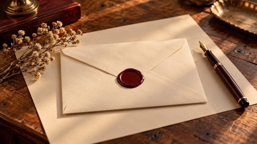 Envelope creme lacrado com selo de cera vinho e caneta tinteiro sobre escrivaninha, ilustrando o testamento