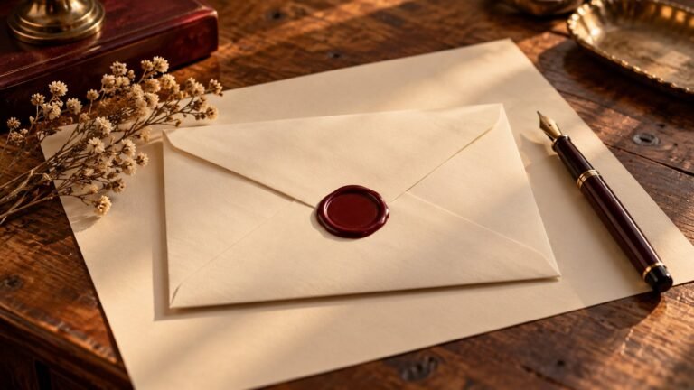 Envelope creme lacrado com selo de cera vinho e caneta tinteiro sobre escrivaninha, ilustrando o testamento